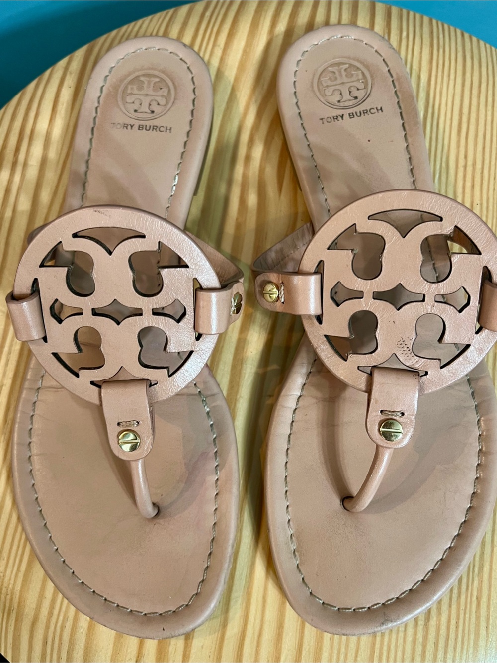 Tory Burch Miller Blush Pink Leather Logo Thong Sandals Size 9M
